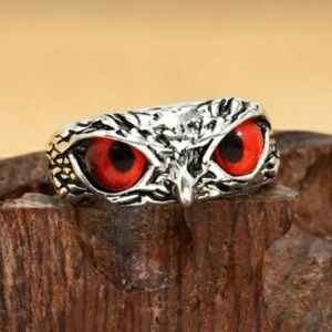 Antique Silver Red Eye Owl ring adjustable 925 sterling silver statement